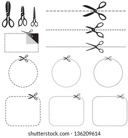 A set of images with scissors. Scissors cut along the line