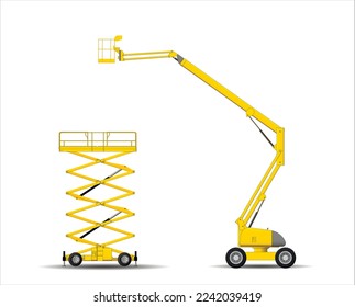 Set of images of self-propelled building lifting platforms. scissor and articulated lift. Vector illustration.