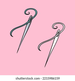A set of images. Sharp metal needle with thread, vector illustration in cartoon style on a colored background