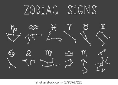 set of images of the signs of the zodiac and their constellations. White contour drawing on a black background. Vector collection on the theme of astrology
