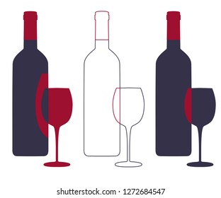 Set of images of silhouettes wine bottles with glasses