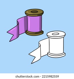 A set of images, a silk lilac ribbon wound on a wooden spool, a vector illustration in cartoon style on a colored background