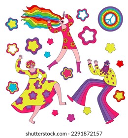set of images of singing woman, dancing people and hippie style elements