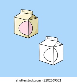 A set of images, a small square package of milk, kefir, a space for copying, a vector in cartoon style on a colored background