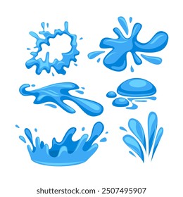 Set of images of splashes, water drops, puddles and splatters in a cartoon cute style.