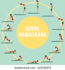 Set of images of sports girl in different yoga poses, performing complex of exercises, known as Greeting to the Sun or Surya Namaskara. Flat style. Vector illustration