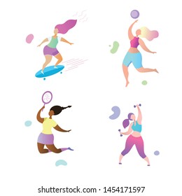 
Set of images of sports girls. Color characters play sports. Girls play tennis, volleyball, go in for fitness, ride longdord.