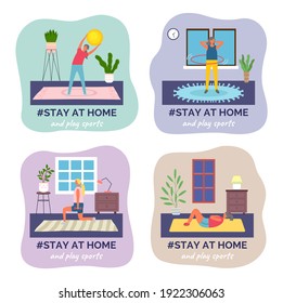 Set of images Stay home. People play different sports while at home, shapeless frame. Woman hold fitness ball, girl twists hoop, woman crouches with dumbbells, girl shakes press. Flat vector image
