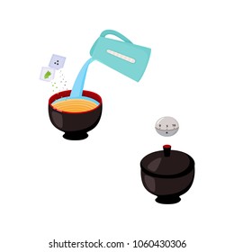 Set of images with step by step cooking instruction - how to prepare instant noodle with pouring boiling water from kettle into bowl and closed dish with kitchen timer. Flat vector illustration.