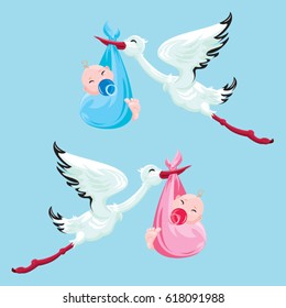 Set of images. Stork with boy and girl. Elements for newborn or childbirth design, card, invitation, shower, etc.