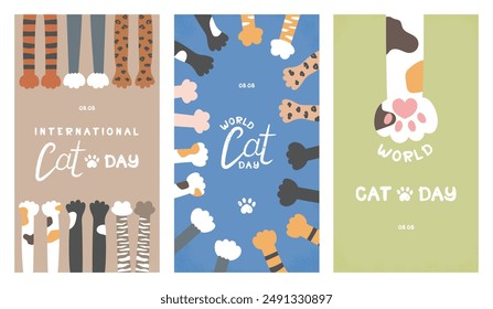 Set of images in story format for social media, with a greeting for World Cat Day. Cute cat paws of different colors and breeds. Bengal, sphynx, tabby, spotted, and solid-colored.