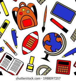 a set of images of subjects for study. linear drawings of school supplies. vector. seamless pattern