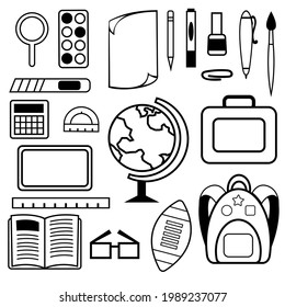 a set of images of subjects for study. linear drawings of school supplies. vector