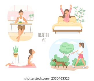 A set of images of subjects that ensure a woman's health. A woman eating healthy food. A woman walking in the fresh air. A woman practicing yoga.  The woman has a good night's sleep.