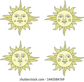 Set of images of the sun with the face of a young woman and the face of an old woman. Emotions. Retro and folk style. Vector image.