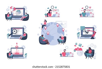 Set of images of teamwork on a software project. Vector illustration.