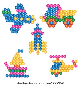 conjunto de imágenes tecnológicas de piezas de mosaico coloreado, objeto aislado sobre fondo blanco, ilustración vectorial,