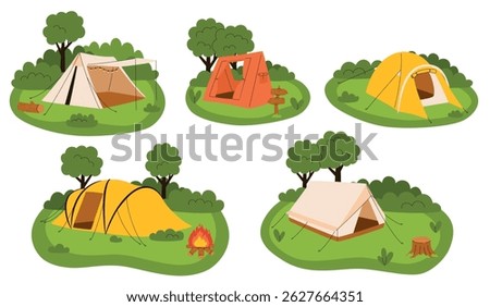 Set of images of tents in the forest. Flat vector illustration.