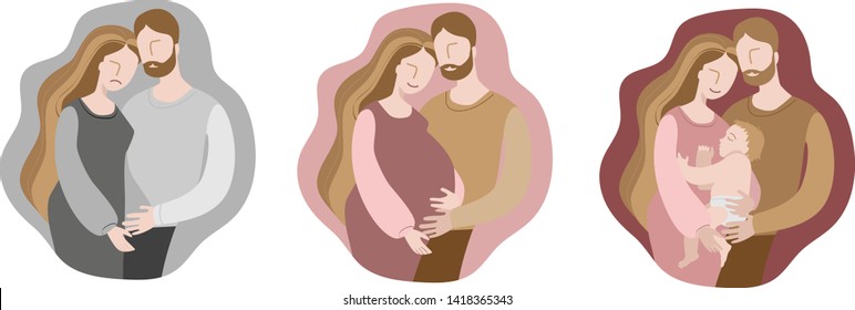 A set of images of three pictures. A sad infertile couple, a happy pregnant couple and a happy couple with a baby in their arms.