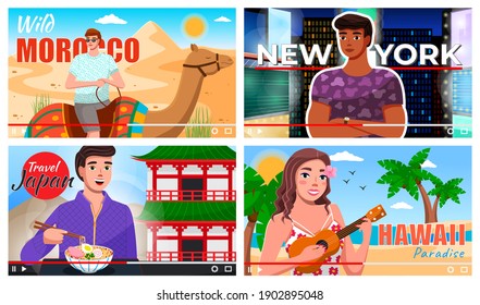 Set of images of tourists travel different countries. Man on a camel in Morocco, young guy in New York, tourist tastes Japanese cuisine, Hawaiian girl plays ukulele. Bloggers make videos about travels