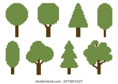 
Set of images of trees in pixel art style. Vector illustration on a white background.