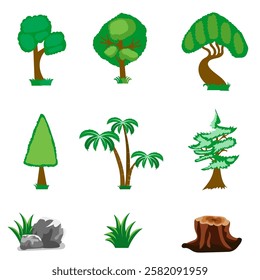 Set of images of trees, rocks, stumps, green nature drawing elements.