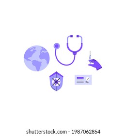 Set of images of vaccination related objects. shield with coronavirus icon, sertificate, stethoscope, syringe, globe