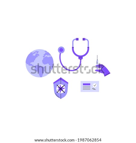 Set of images of vaccination related objects. shield with coronavirus icon, sertificate, stethoscope, syringe, globe