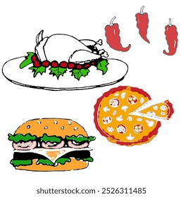 
set of images of various dishes from hamburger, chicken, pizza in black outline on a white background, vector