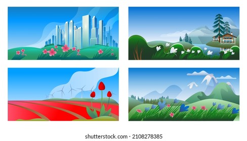 A set of images of various landscapes in spring. A set of full-color vector horizontal banners.