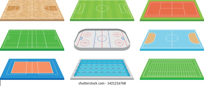 Set of images of various sports fields. Vector illustration on white background.