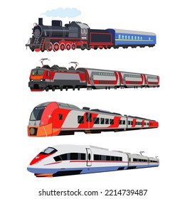 Montaje de imágenes de varios trenes de ferrocarriles rusos. Imagen de vector aislada en fondo blanco