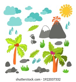 Un conjunto de imágenes con árboles, palmeras y nubes. Ilustración vectorial infantil para la impresión en textiles en un fondo oscuro.
