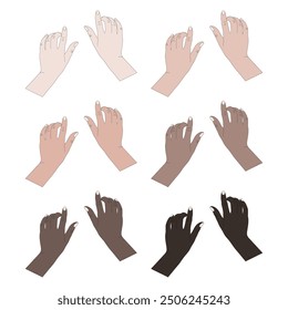 A set of images of vector human hands of different skin tones.