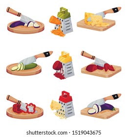 Set Of Images With Vegetables And Cheese Chopped With A Knife And Grated. Vector Illustrations On A White Background