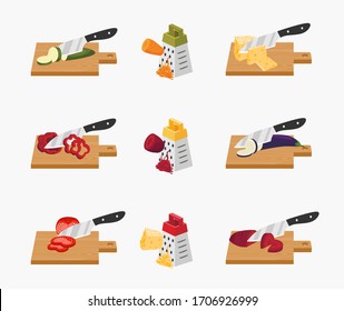 Set Of Images With Vegetables And Cheese Chopped With A Knife And Grated.