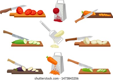 Set Images Vegetables Chopped Knife Grated Stock Vector (Royalty Free ...