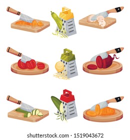 Conjunto De Imágenes Con Verduras Cortadas Con Un Cuchillo Y Grados. Ilustraciones De Vectores En Fondo Blanco