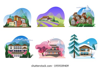 A set of images of village houses in different architectural styles. Vector full-color illustration.