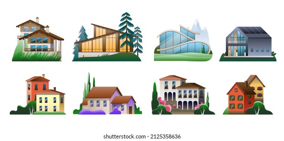 A set of images of village houses in different architectural styles. Vector full-color illustration.