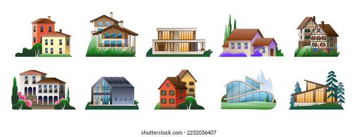 Un conjunto de imágenes de casas de pueblo en diferentes estilos arquitectónicos. Ilustración vectorial a todo color.