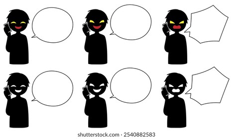 A set of images of a villain with a black silhouette talking on a smartphone and a speech bubble