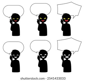 A set of images of a villain with a black silhouette talking on a smartphone and a speech bubble