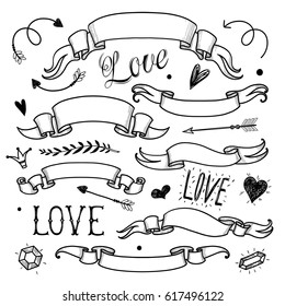 Set of images with vintage ribbons. Templates and frames for headers. Sketch style. Freehand drawing banners.