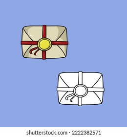 A set of images, a vintage romantic envelope tied with a red ribbon, a vector illustration in cartoon style on a colored background