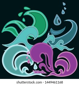 Set of images of waves, drops, water.