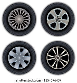 A set of images of wheels and tires of cars. Website design elements.