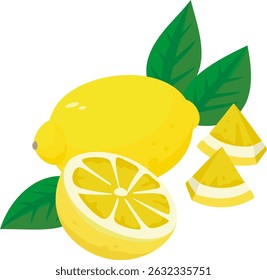 Set of images with whole and cut lemons. Some green leaves. Simple and flat style. Image with white background. It looks like a grapefruit or a lime.