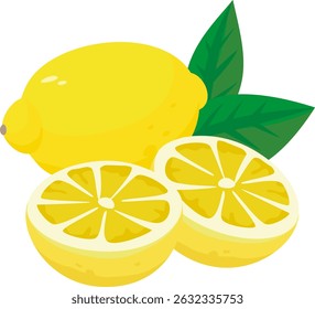 Set of images with whole and cut lemons. Some green leaves. Simple and flat style. Image with white background. It looks like a grapefruit or a lime.