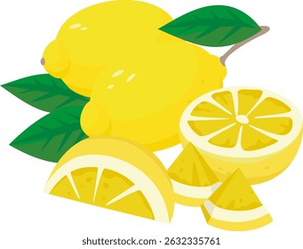 Set of images with whole and cut lemons. Some green leaves. Simple and flat style. Image with white background. It looks like a grapefruit or a lime.
